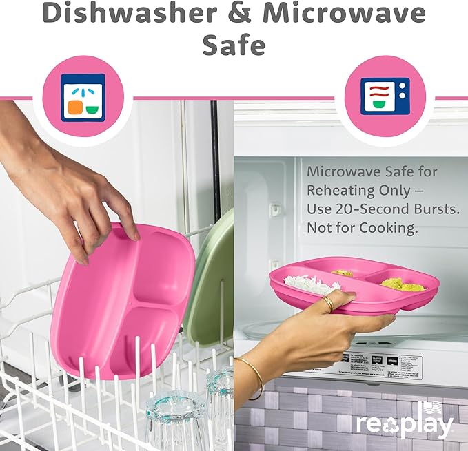 Re-Play Toddler Plates with Dividers - Deep-Walled 3 Compartments Divided Plates for Kids - Dishwasher & Microwave Safe - Made in USA - Set of 4-7.37" x 7.37" x 1.25" - Butterfly