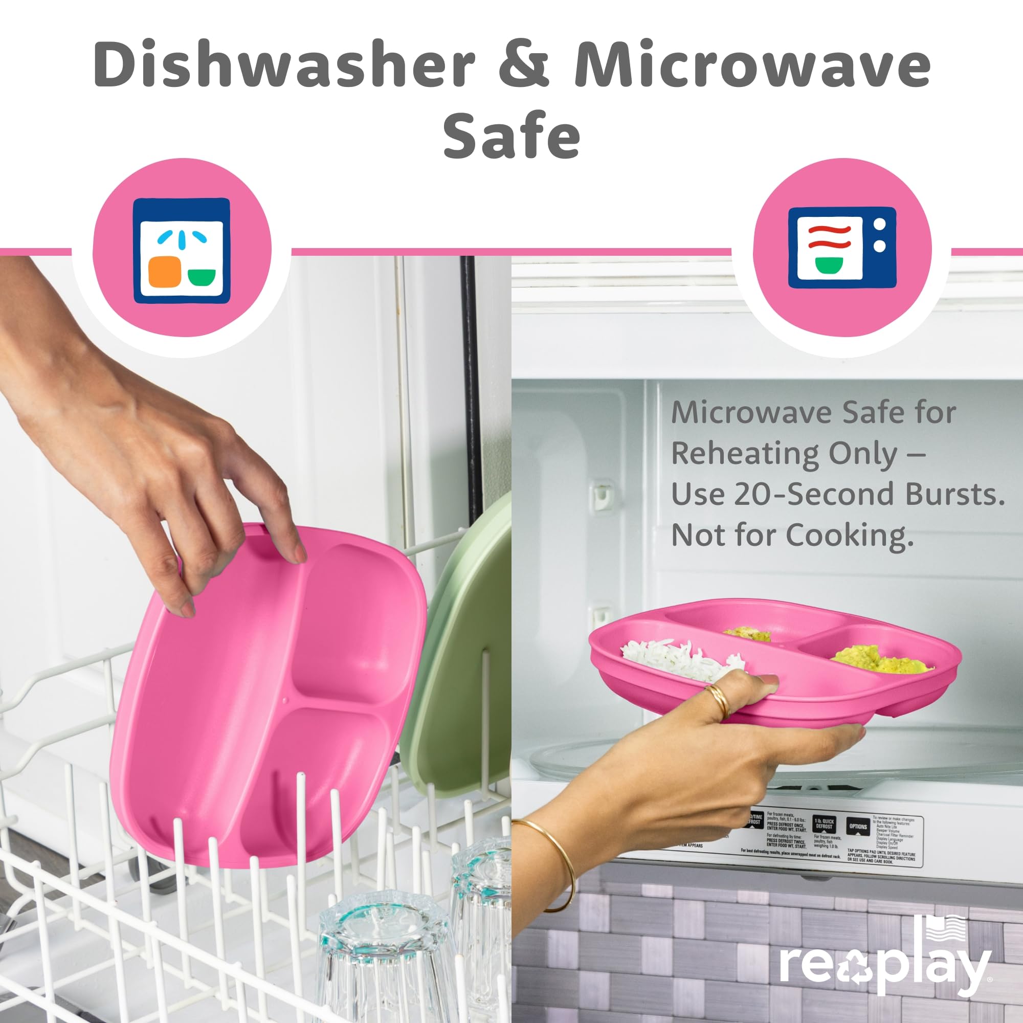 Re-Play Divided Toddler Plates Set of 3 - Deep-Walled 3 Compartment Kids Plates for Picky Eaters - Dishwasher & Microwave Safe - BPA-Free - Made in USA, Berry