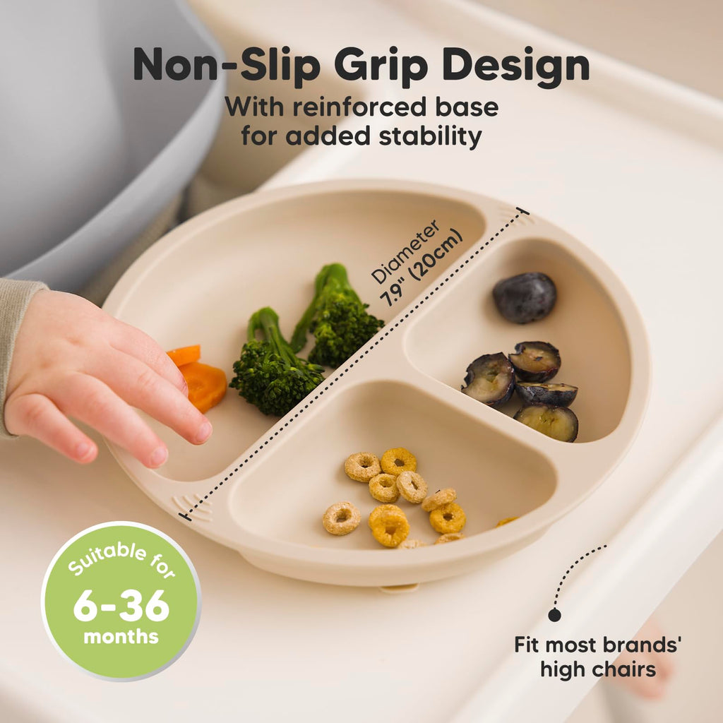 KeaBabies Suction Plates with Lids for Baby, 3-Pack, 100% Silicone (Slate)