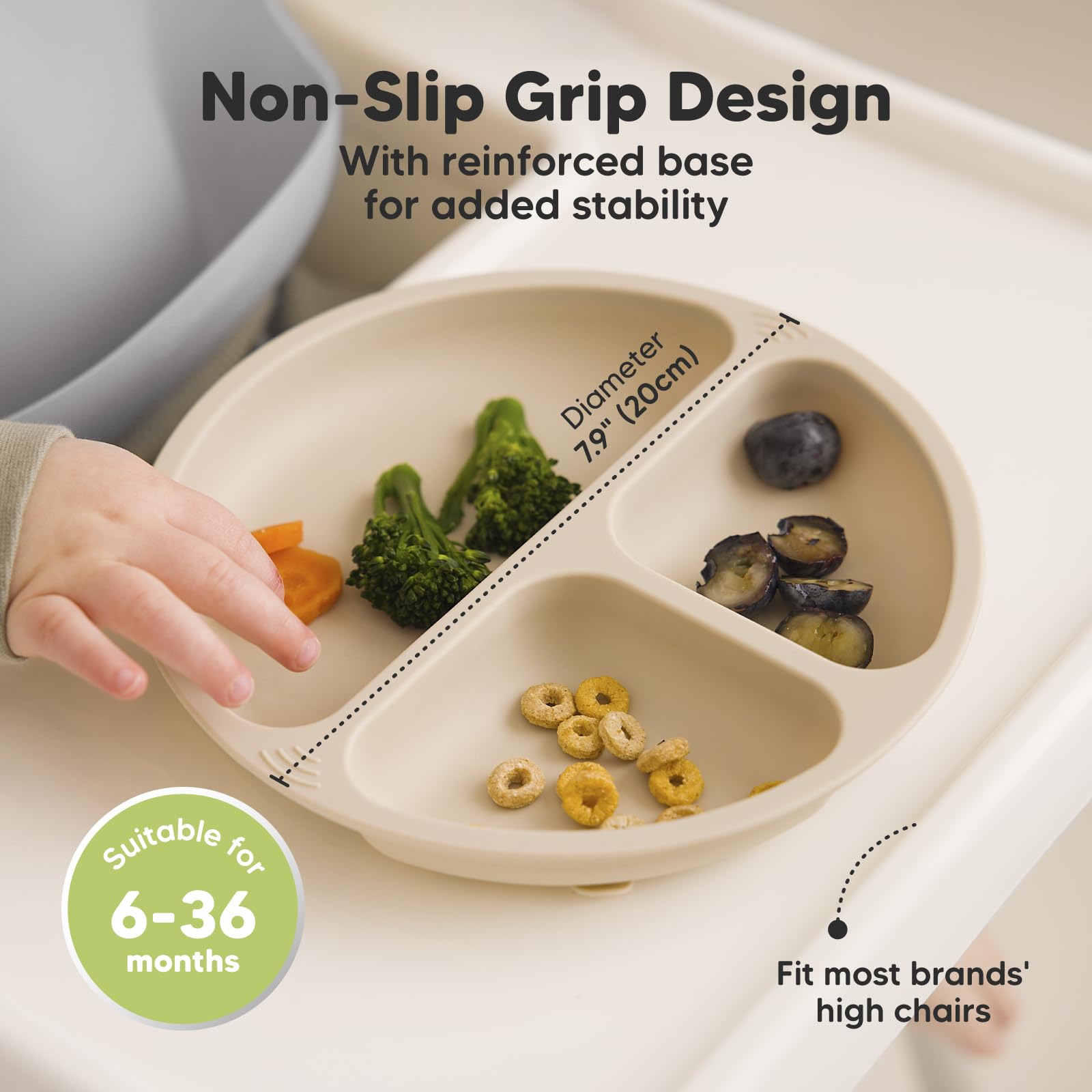 KeaBabies Suction Plates with Lids for Baby, 3-Pack, 100% Silicone (Slate)