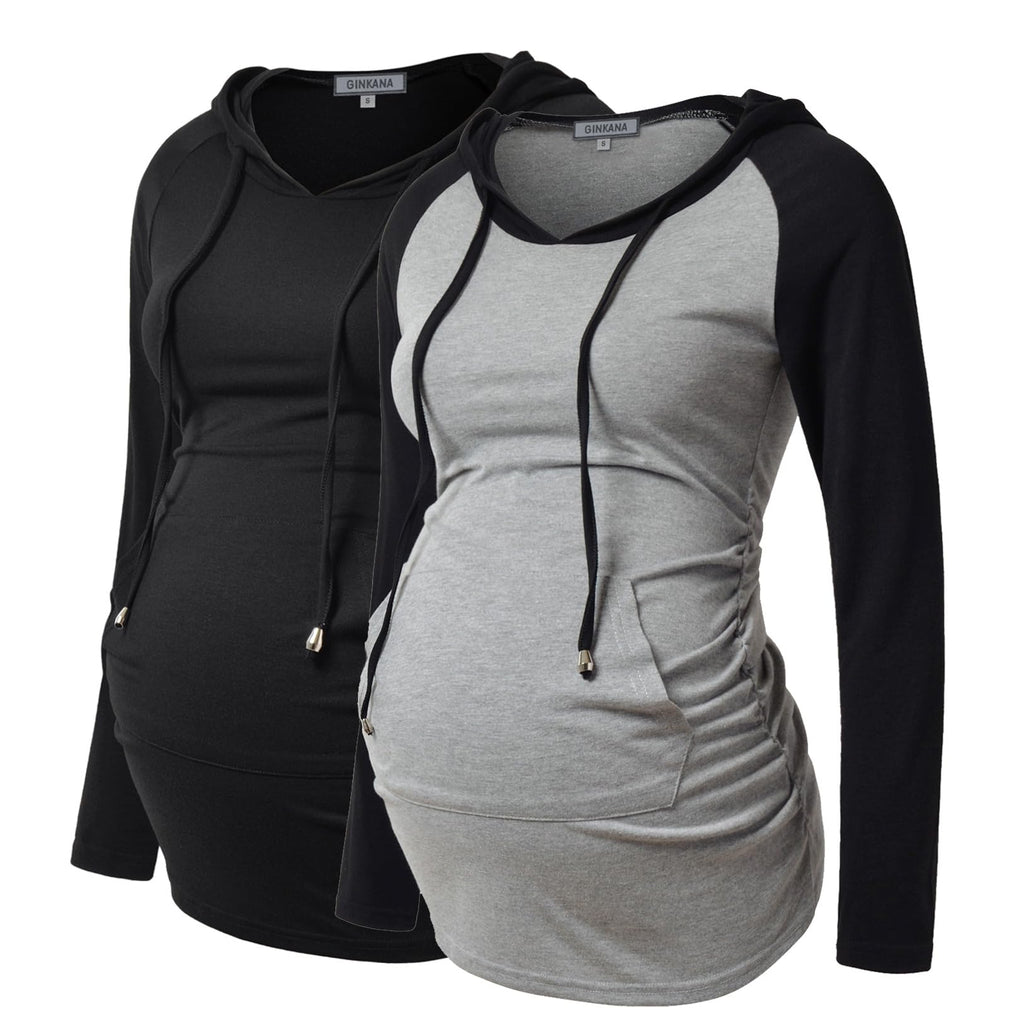 GINKANA Maternity Nursing Hoodie Pullover Shirt Long Sleeve with Pocket Ruched Design Top,Gery with Black+Black,M