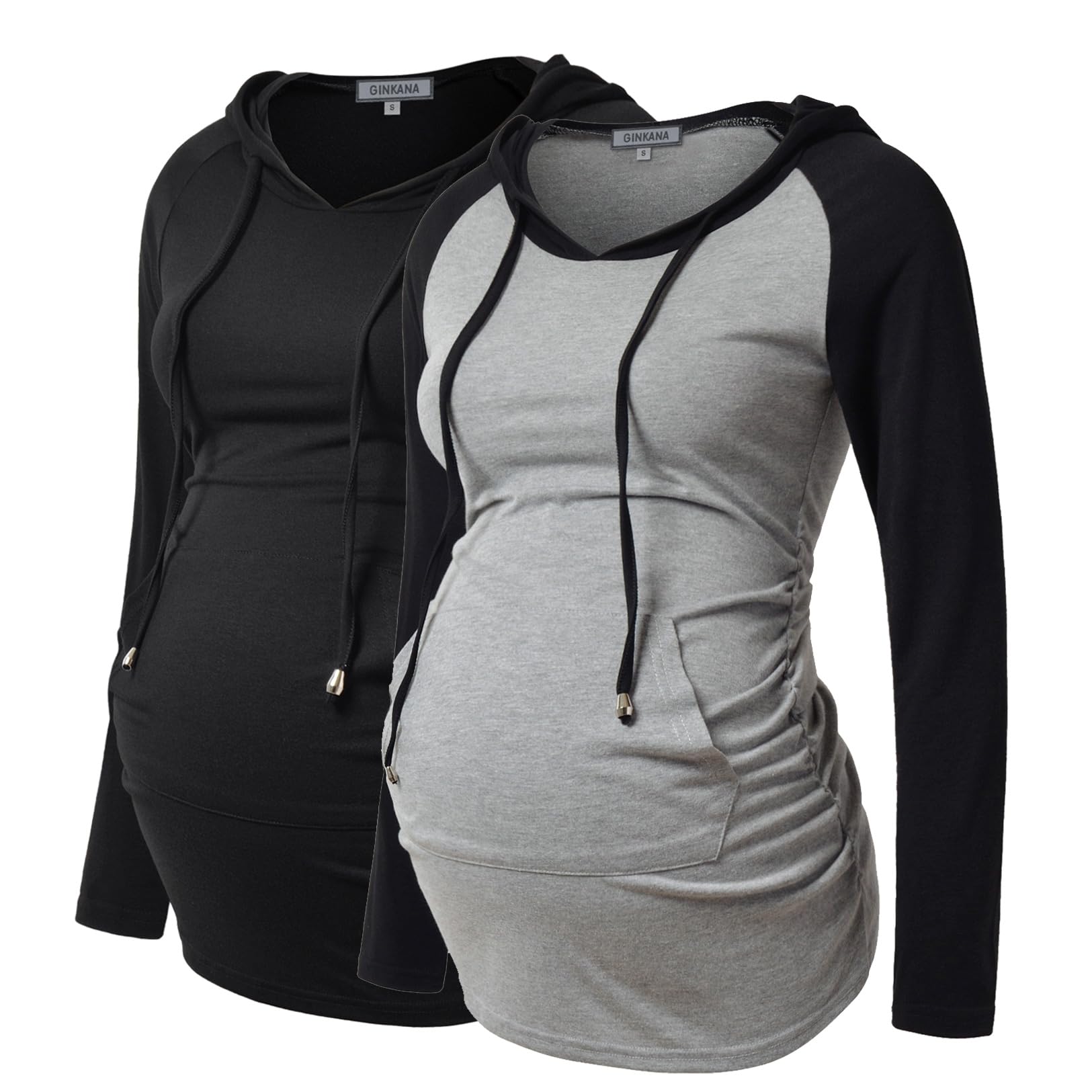 GINKANA Maternity Nursing Hoodie Pullover Shirt Long Sleeve with Pocket Ruched Design Top,Gery with Black+Black,M