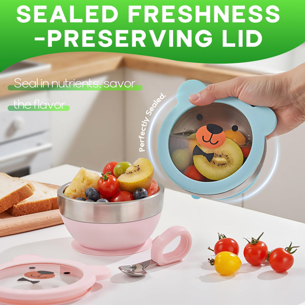 Mrs. Chou Suction Bowl and Spoon Set for Babies and Toddlers Non-Slip Silicone Suction Cups, Advanced 304 Stainless Steel Bowls, Double-Layer Insulation, and BPA-Free Lids Food-Grade Safety