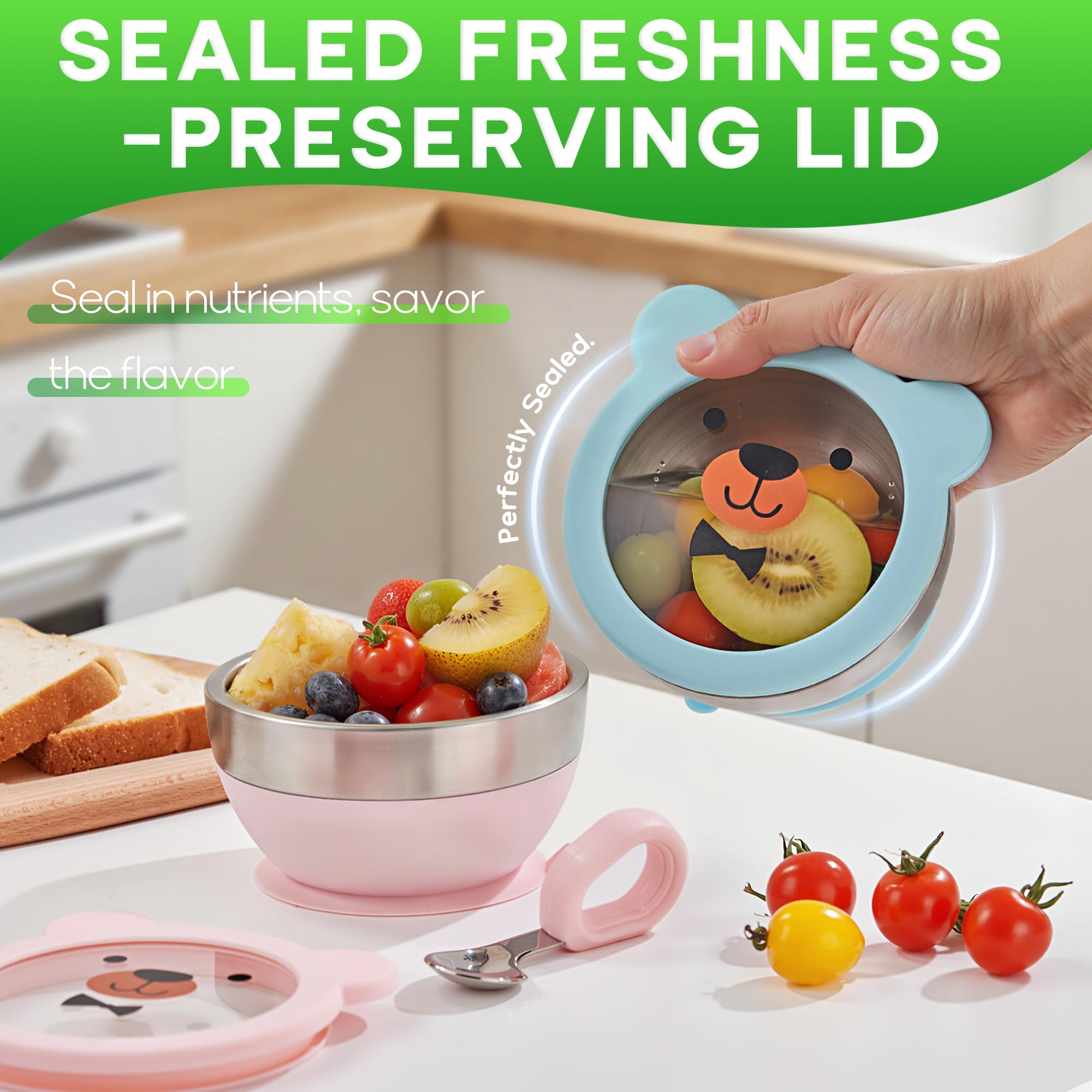 Mrs. Chou Suction Bowl and Spoon Set for Babies and Toddlers Non-Slip Silicone Suction Cups, Advanced 304 Stainless Steel Bowls, Double-Layer Insulation, and BPA-Free Lids Food-Grade Safety