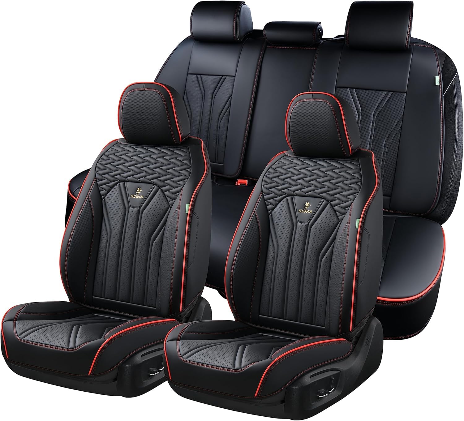 FLORICH Leather Seat Covers Full Set Car Seat Protectors 5 Seats Automotive Seat Covers Universal Fit for Most Cars Trucks SUV-Black&Red Line