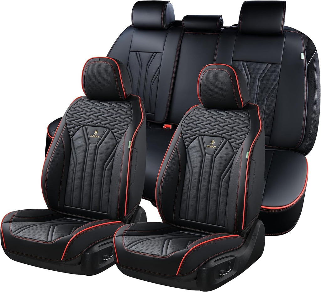 FLORICH Leather Seat Covers Full Set Car Seat Protectors 5 Seats Automotive Seat Covers Universal Fit for Most Cars Trucks SUV-Black&Red Line