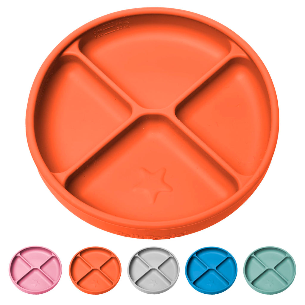 TalkTools Itsy Plate Must-Have Silicone Baby Plates with Suction | Non-Toxic Toddler Feeding Plate | Divided Portion | BPA-Free, Easy-Clean, Travel-Friendly Baby Dishware - Made in USA (Tangerine)