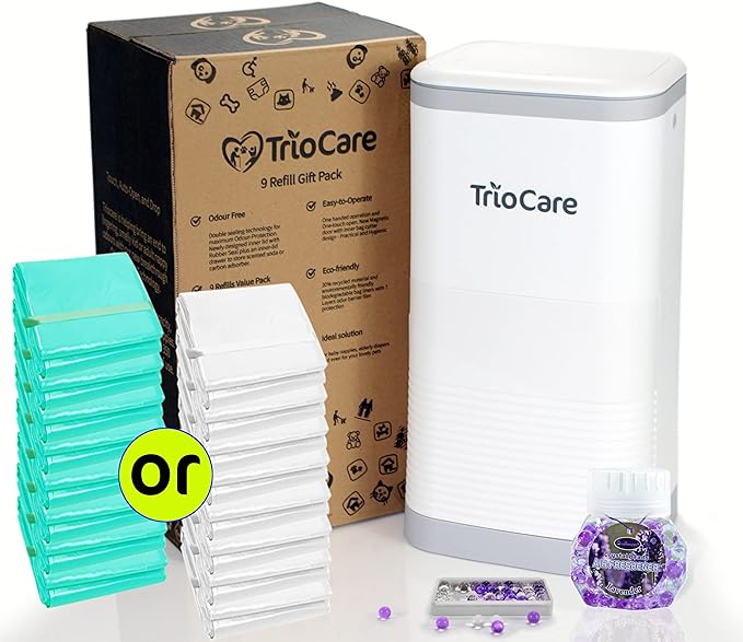 Odor Locking Blocking Control Diaper Pail White | Over 12 Months Refill Bag Supply 5292 Count | Lavender Scent Value Gift Set | Modern Design Baby Senior Adult Pet Waste Disposal Dignity Bin