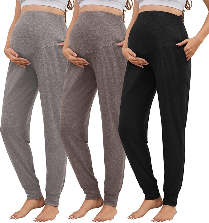 3 Pack Women's Maternity Sweatpants Over The Belly Pregnancy Jogger Pants Stretchy Maternity Pants with Pockets