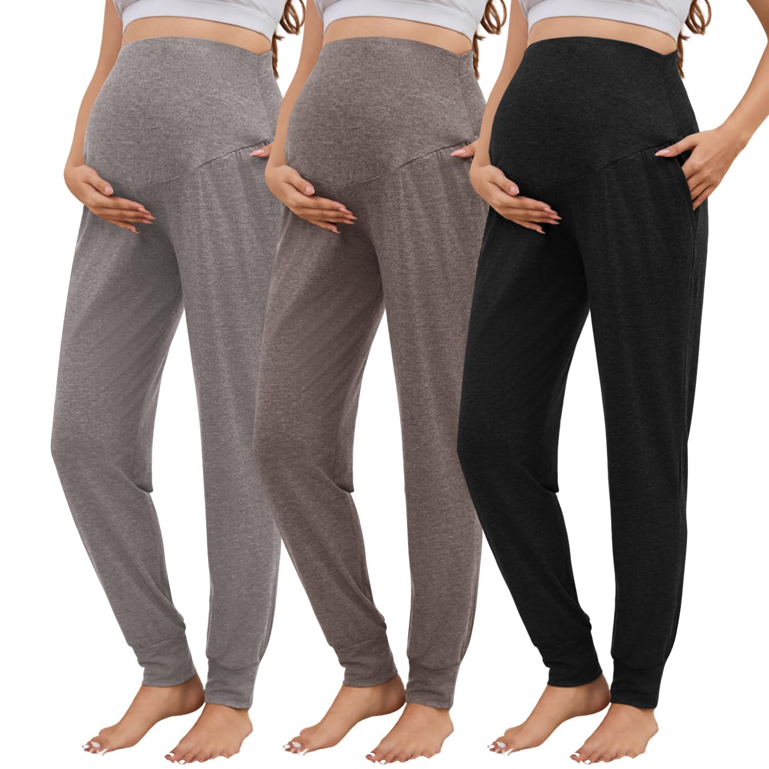 Tjukufpa 3 Pack Women's Maternity Sweatpants Over The Belly Pregnancy Jogger Pants Stretchy Maternity Pants with Pockets