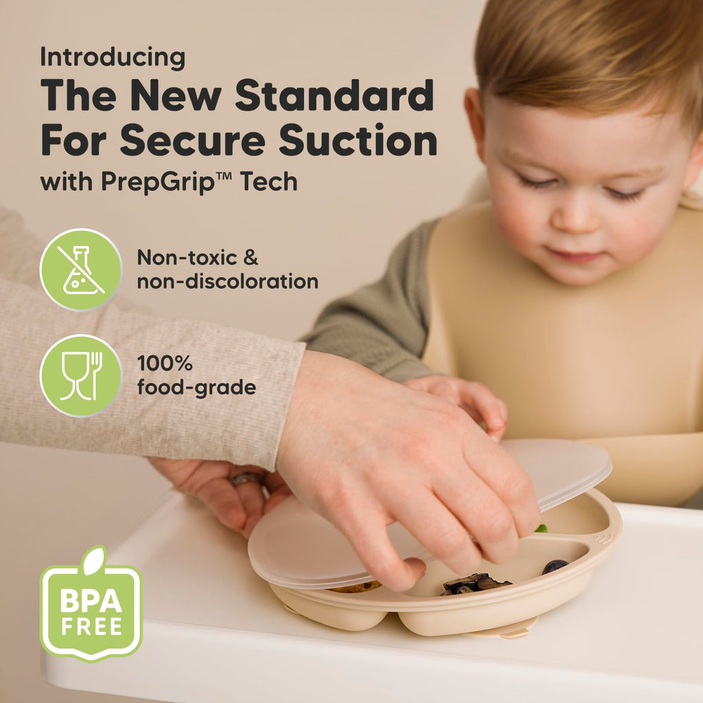 KeaBabies Suction Plates with Lids for Baby, 3-Pack, 100% Silicone (Slate)