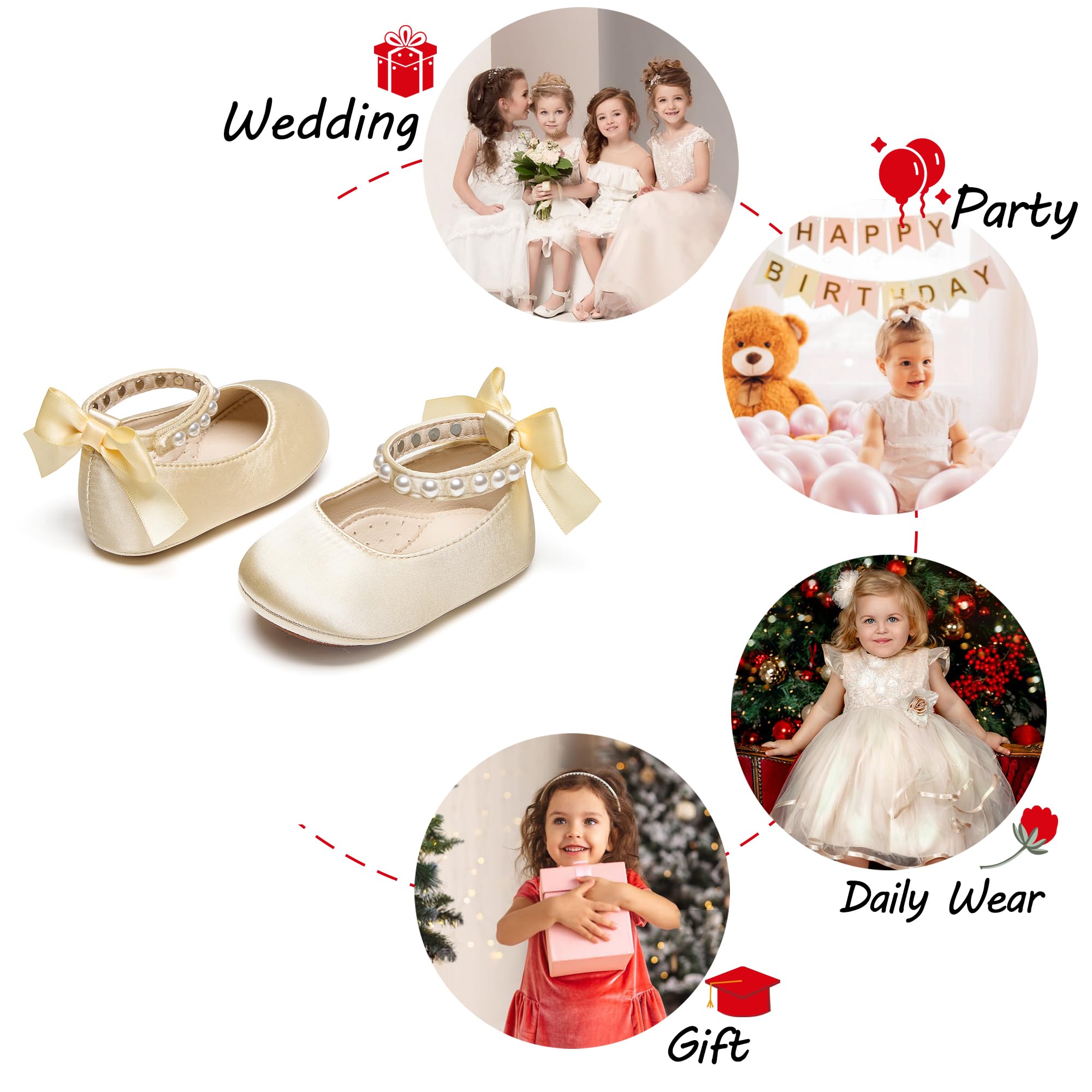 PHIRAMIN Baby Girls Satin Gold Mary Jane Flats - Infant 12-18 Months Walking Shoes Soft Rubber Sole Princess Wedding