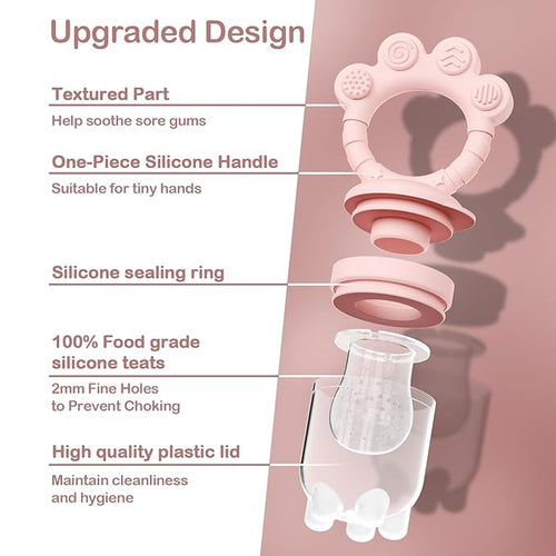2 Pack Baby Fruit Feeder + Breastmilk Popsicle Molds，Baby Teethers， Perfect for Teething Relief，Fresh Food Feeder for Safe Infant Self Feeding，Extra Silicone Clips，4 M+（Mauve Pink, Soft Pink）