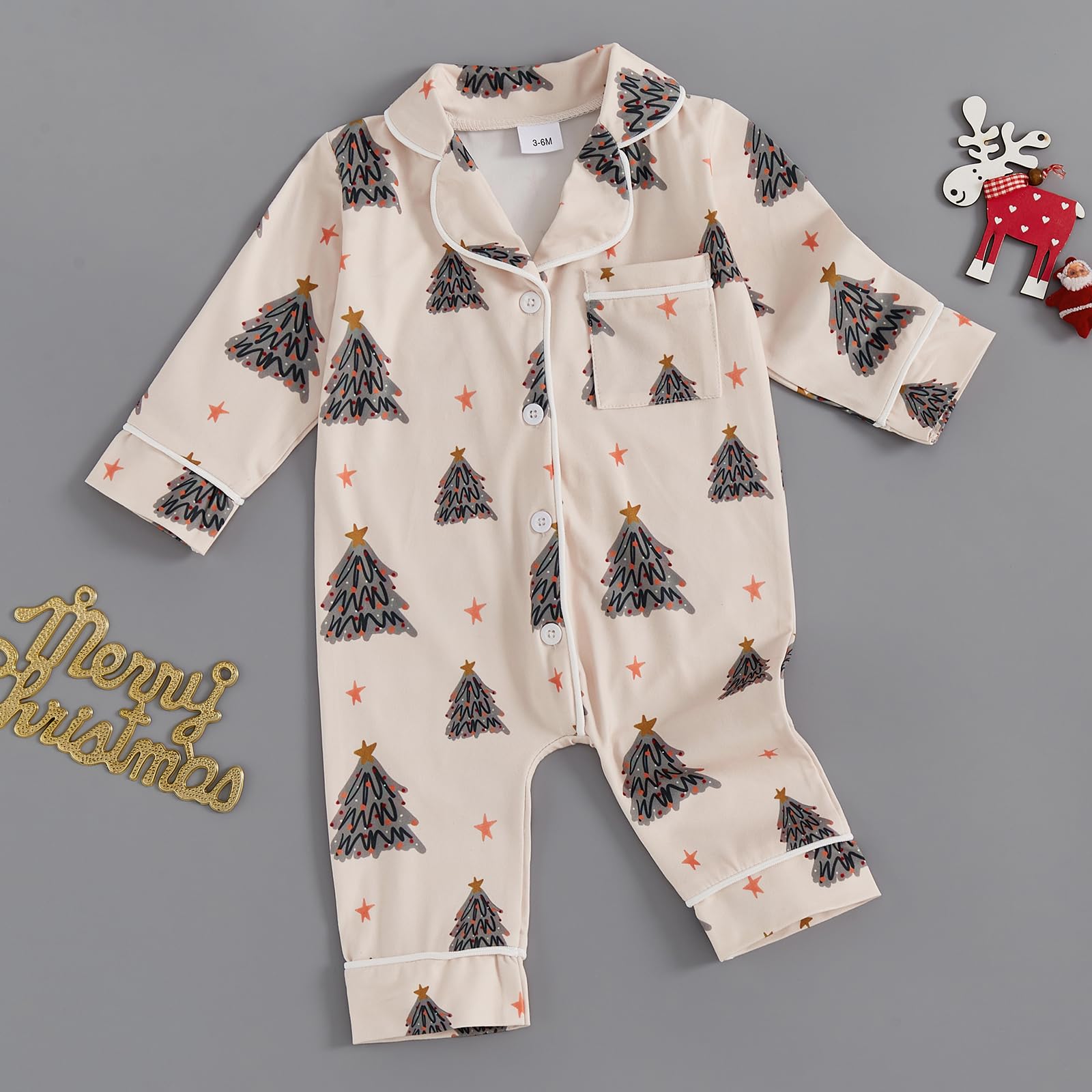 Balaflyie Baby Girl Button Down Pajamas Romper One-Piece Jumpsuit Long Sleeve Sleeper Infant Sleepwear (Christmas Tree&Cream,12-18 Months)