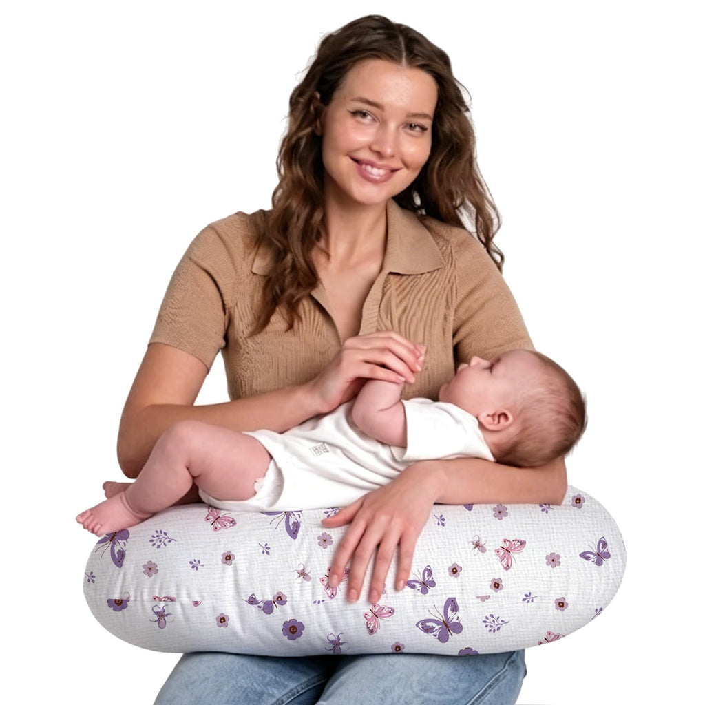 Little Grape Land Muslin Nursing Pillow, Soft 100% Cotton Breastfeeding Pillow with Breathable Cotton Removable Cover, Fog Flower Breast Feeding Pillows for Babies 0-12 Months (Purple Butterfly)