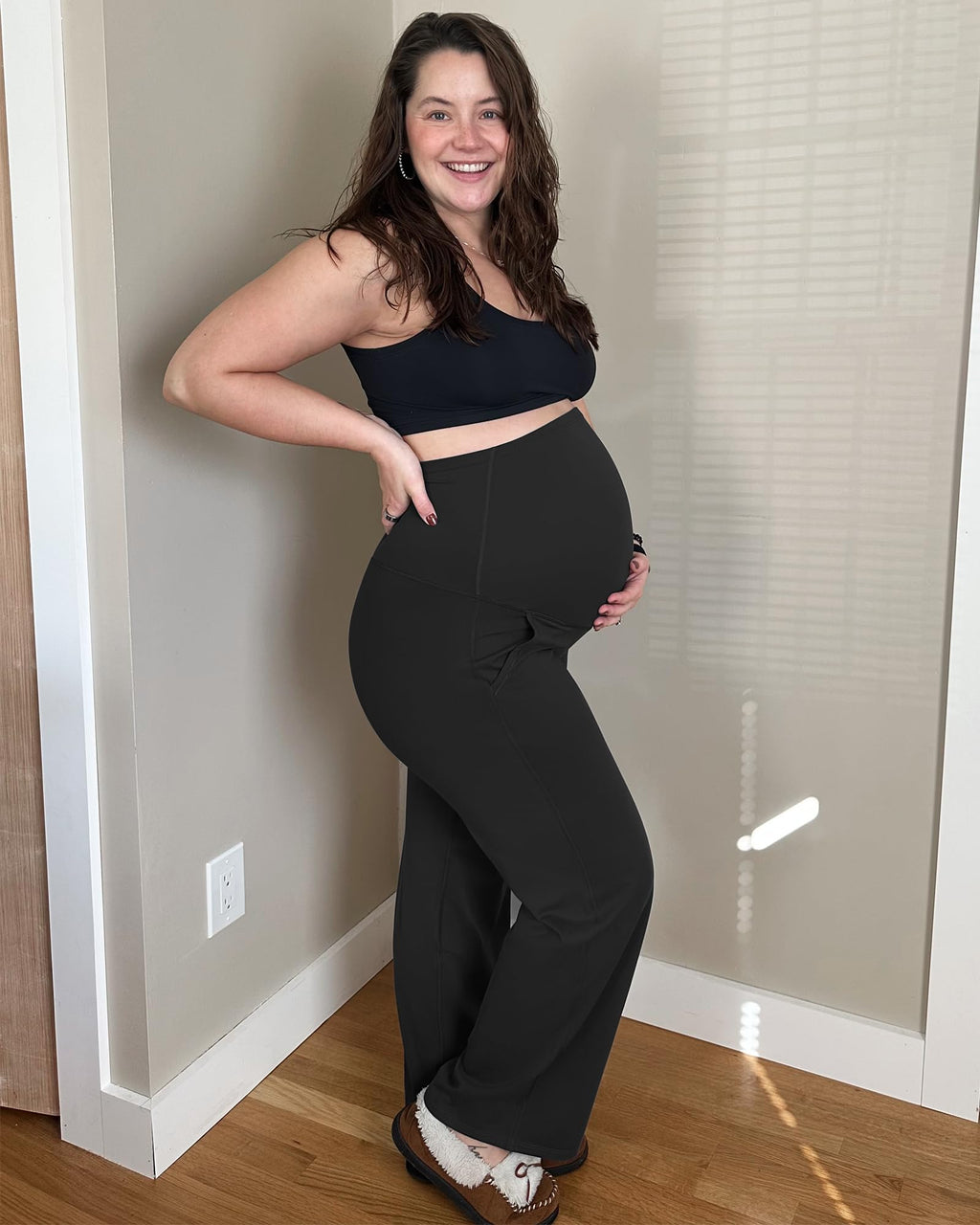 G4Free Maternity Pants with Pockets Pregnancy Leggings,Black,S,Regular