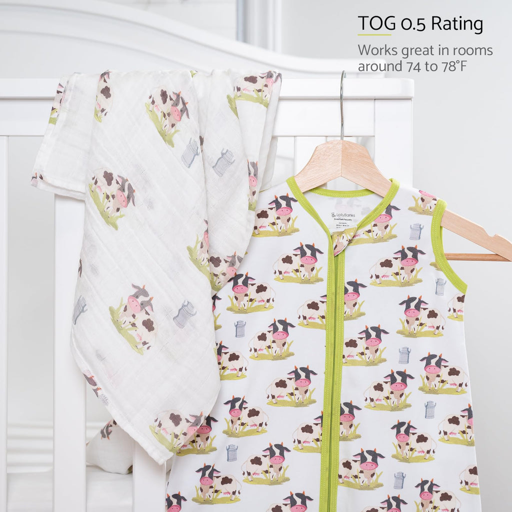 LollyBanks 100% Cotton Baby Sleep Sack 0-6 Months for Boys and Girls, Lightweight 0.5 TOG Sleep Sack with 2-Way Zipper, Breathable Baby Sleep Bag, Newborn Essentials (Cow Print)