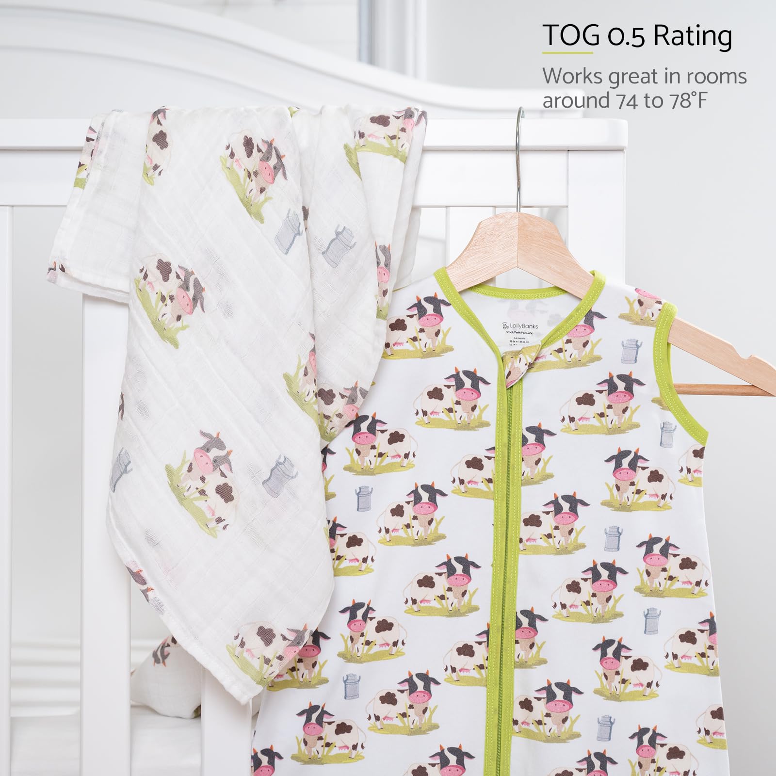 LollyBanks 100% Cotton Baby Sleep Sack 0-6 Months for Boys and Girls, Lightweight 0.5 TOG Sleep Sack with 2-Way Zipper, Breathable Baby Sleep Bag, Newborn Essentials (Cow Print)