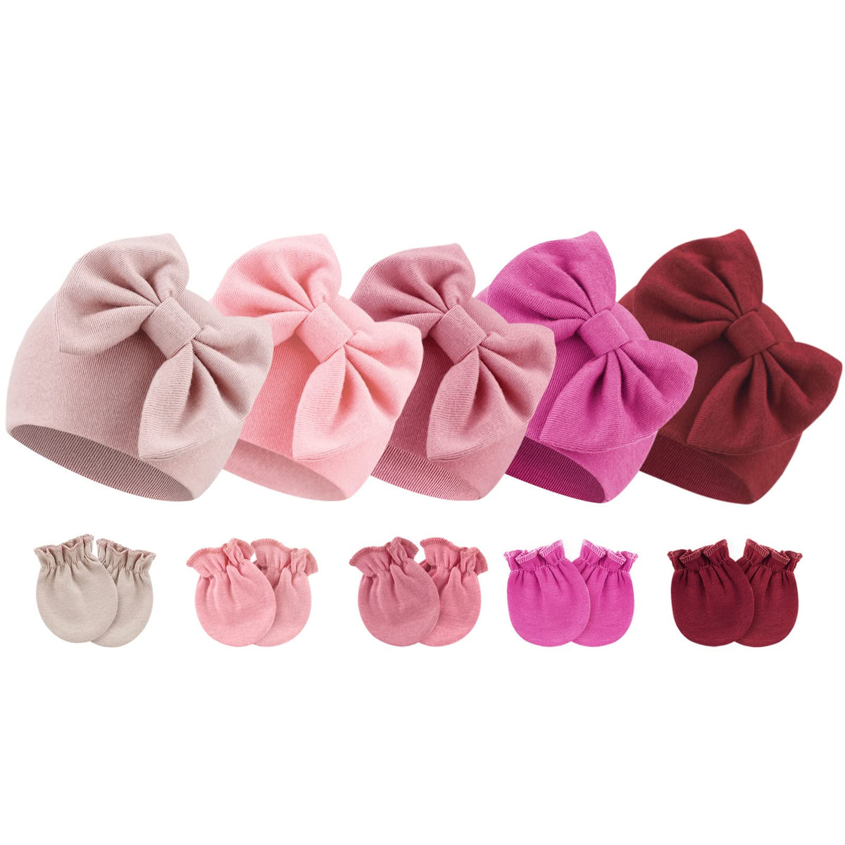 BQUBO Newborn Baby Girls Hats Mittens Set Hospital Hat Beanie Infant Bow Hats Baby Cotton Gloves No Scratch Mittens for 0-6 Months