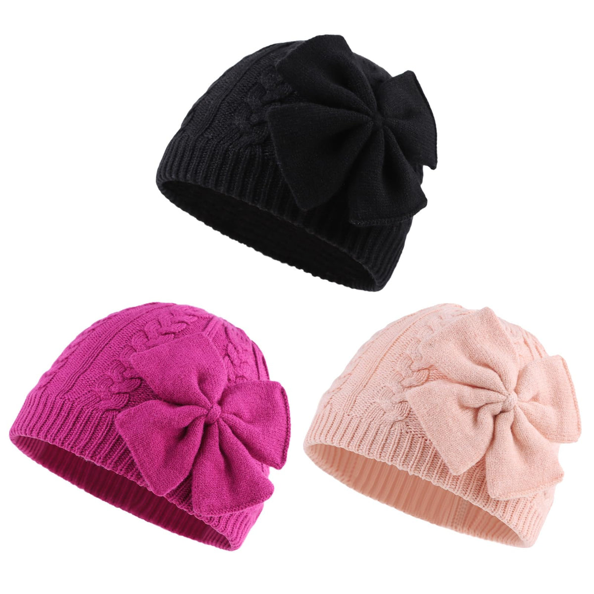 JANGANNSA Winter Warm Knitted Baby Hat for Girls Cotton Lined Infant Toddler Hat Autumn Cute Bow Classic Girls Beanie 0-6Y (Black+Gray+Caramel,S)