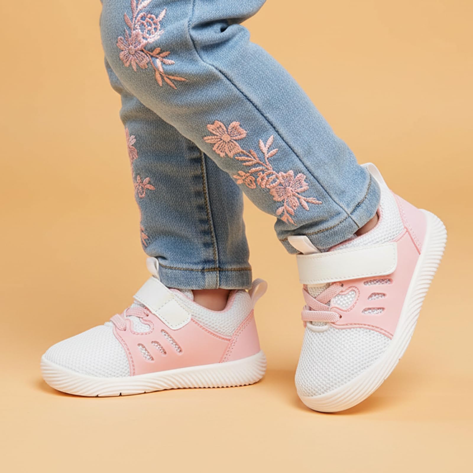 MORENDL Toddler Sneakers Baby Boys & Girls Barefoot Shoes Lightweight Breathable Walking Running Tennis Athletic Sport Shoes White Pink 6-9 Months