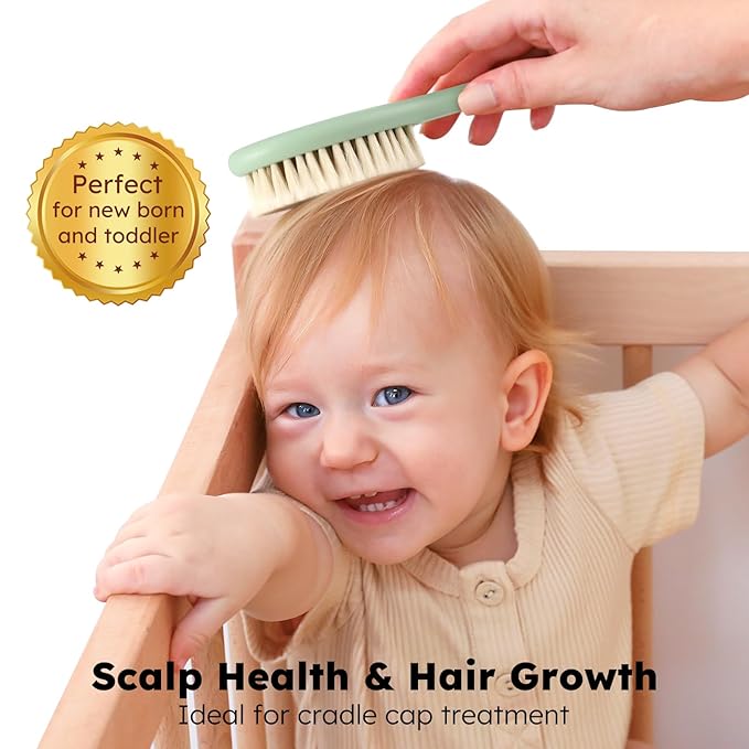 Yoofoss 4 Piece Baby Hair Brush and Comb Set，Wooden Baby Hair Brush with Natural Ultra Soft Goat Hair, Baby Comb Set for Boy, Girl - Green
