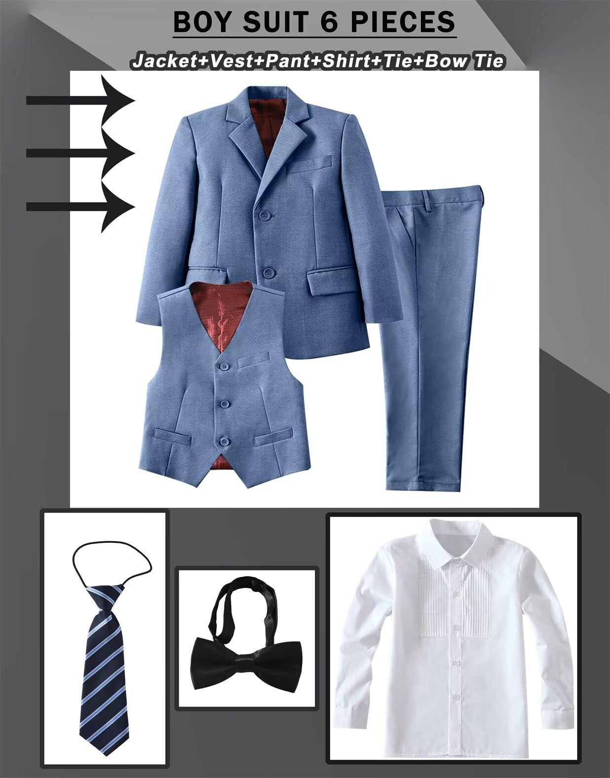 Boys Suit 6 Piece Formal Tuexdo Suit Set Boy Dress Outfit Blue Grey 2