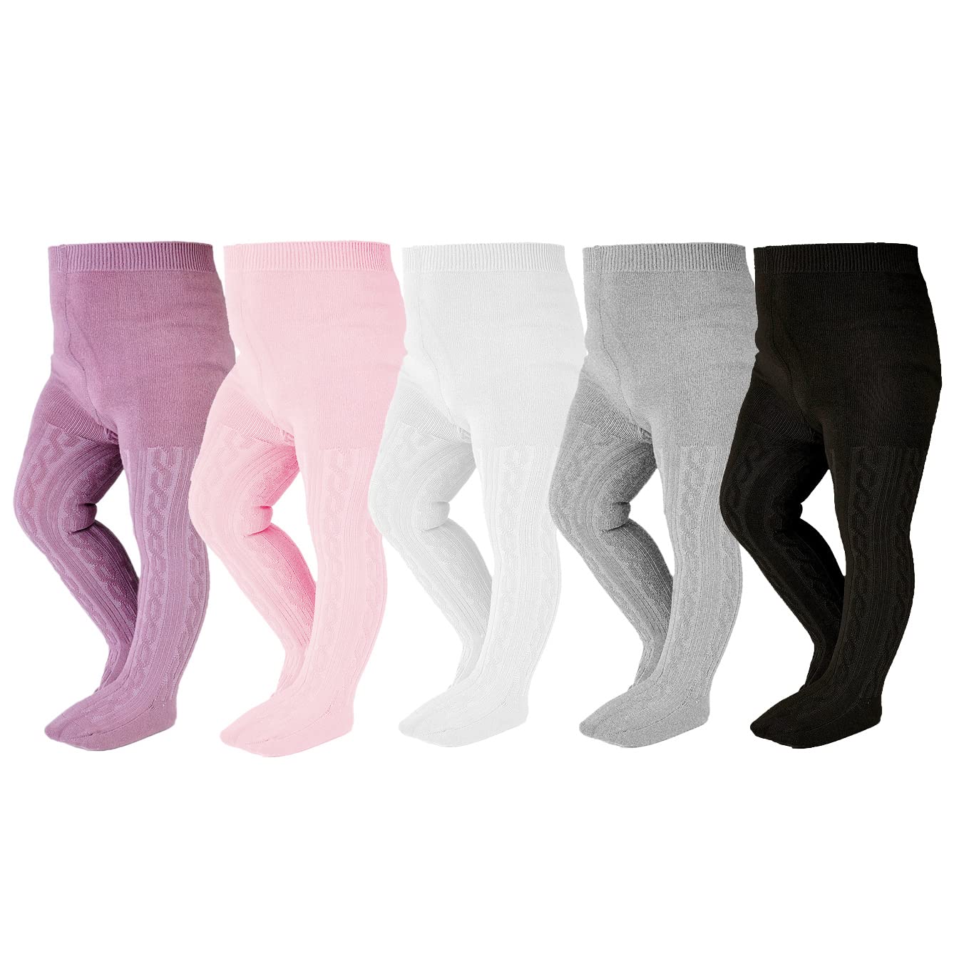EPEIUS Baby Tights Toddler & Little Girls Cable Knit Tights Solid Cotton Stockings Seamless Footed Leggings Pantyhose Dress Tights Clothes 6-8 Years,5 Pair Pack,Black/White/Light Grey/Pink/Purple