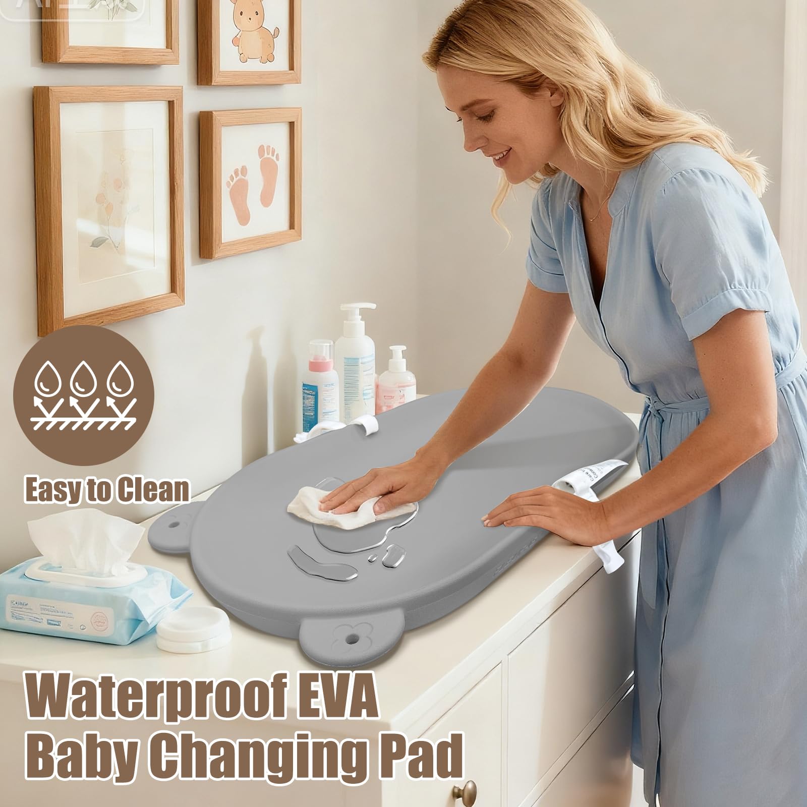 FLEUFAB Baby Changing Pad, EVA Waterproof Non-Slip Portable Mat, Grey