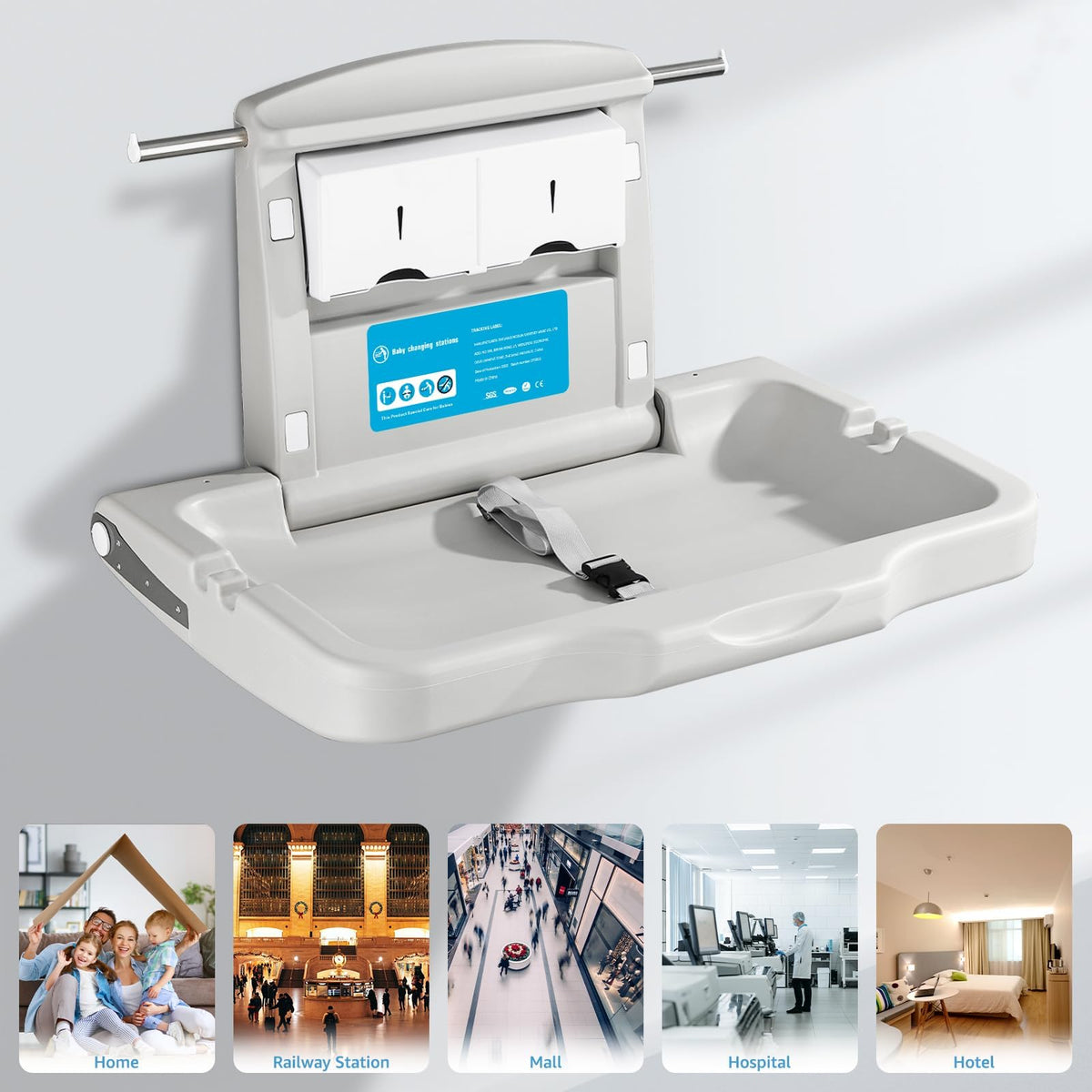 Baby Changing Station Wall Mounted: Horizontal Diaper Changing Table Foldable Diaper Tables with Safety Strap, ADA Complaint for Commercial Bathroom/Nursery/Public Restroom