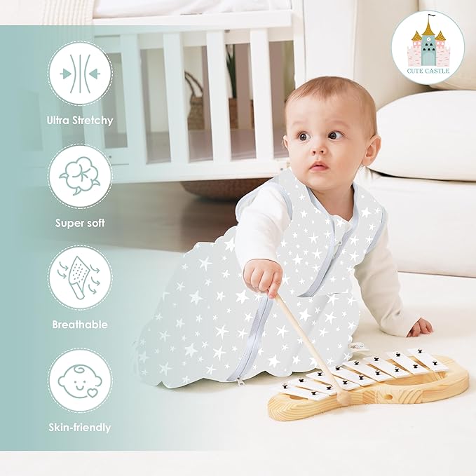 Cute Castle Baby Sleep Sack 12-18 Months - Lightweight 100% Cotton 2-Way Zipper TOG 0.5 Infant Wearable Blanket, Newborn Essentials Toddler Sleep Clothes, 3 Pack(Gray, Letters, Stars)