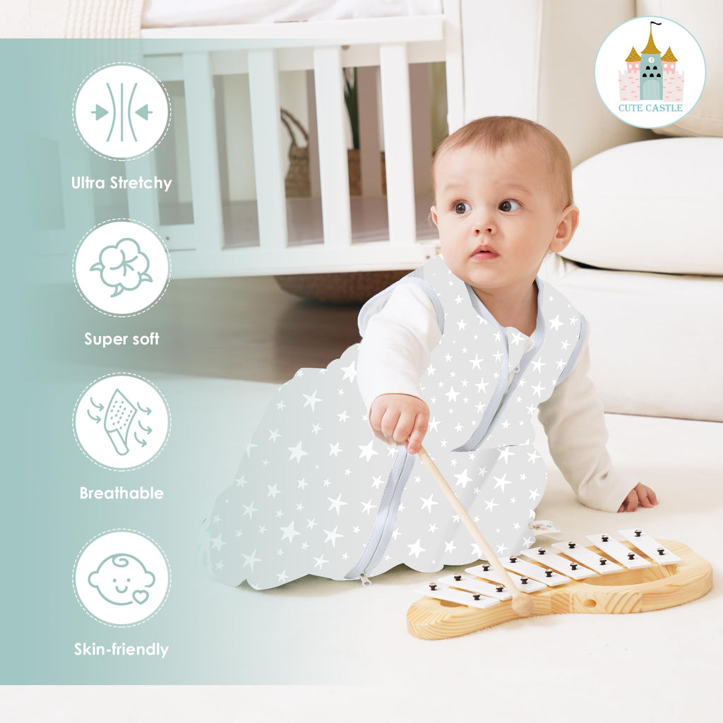 Cute Castle Baby Sleep Sack 12-18 Months - Lightweight 100% Cotton 2-Way Zipper TOG 0.5 Infant Wearable Blanket, Newborn Essentials Toddler Sleep Clothes, 3 Pack(Gray, Letters, Stars)