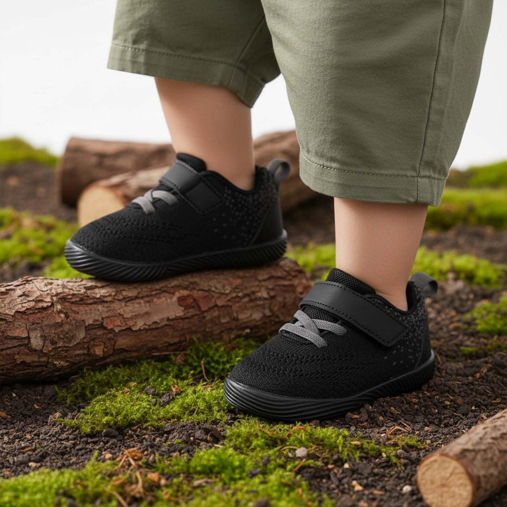 MORENDL Toddler Sneakers Baby Boys & Girls Barefoot Shoes Lightweight Breathable Walking Running Tennis Athletic Sport Shoes Black Grey Punctate 9-12 Months Size 4.5
