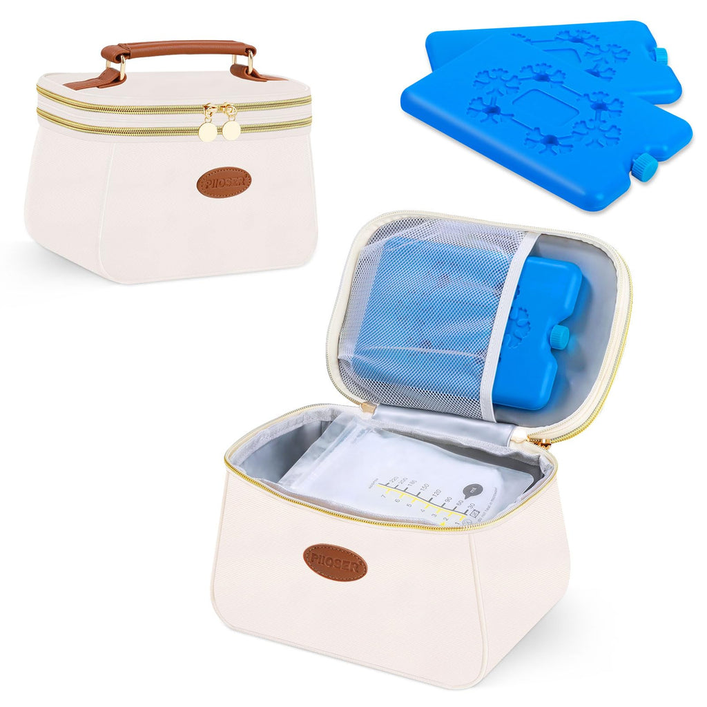 PIIOSER Breast Milk Cooler Travel Bag with 2 Ice Pack, Fits 6 Freeze Breastmilk Storage Bags Up to 8Oz, Insulated Small Breastmilk Storage Cooler Bag for Breastfeeding Moms Daycare, Black(Cream-XS)