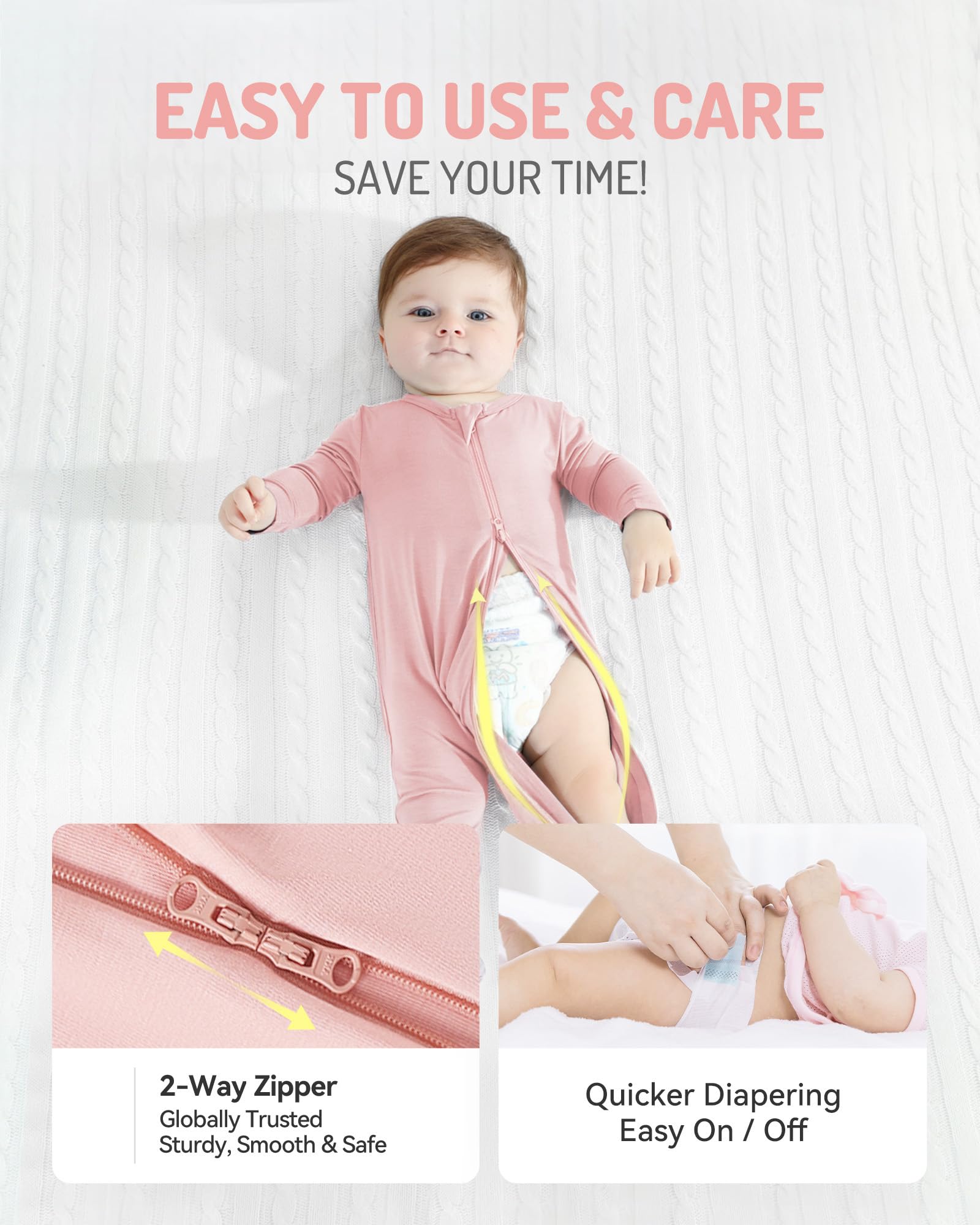 HAPIU Rayon from Bamboo Baby Footed Pajamas, 2 Way Premium Zipper, Footie for Baby Boy Girls, Newborn-24 Months, 2-Pack, Blush&Cloud, 12-18M