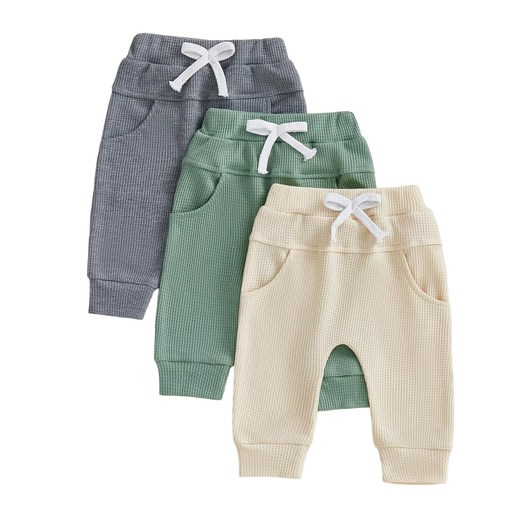 Sejardin Toddler Baby Boy Girl Pants 3 Pack Solid Color Elastic Waist Jogger Sweatpants Newborn Infant Casual Bottoms (Waffle Grey Green Apricot, 2-3 Years)