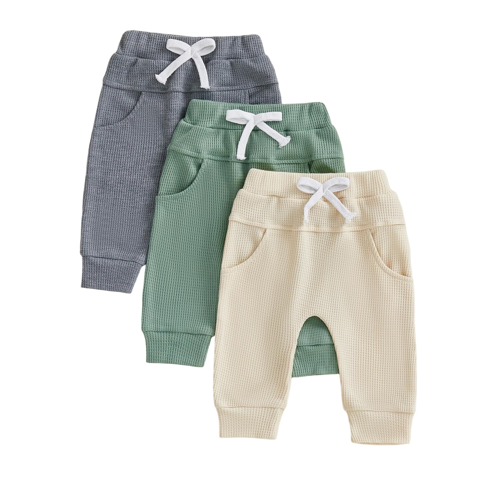 Sejardin Toddler Baby Boy Girl Pants 3 Pack Solid Color Elastic Waist Jogger Sweatpants Newborn Infant Casual Bottoms (Waffle Grey Green Apricot, 2-3 Years)