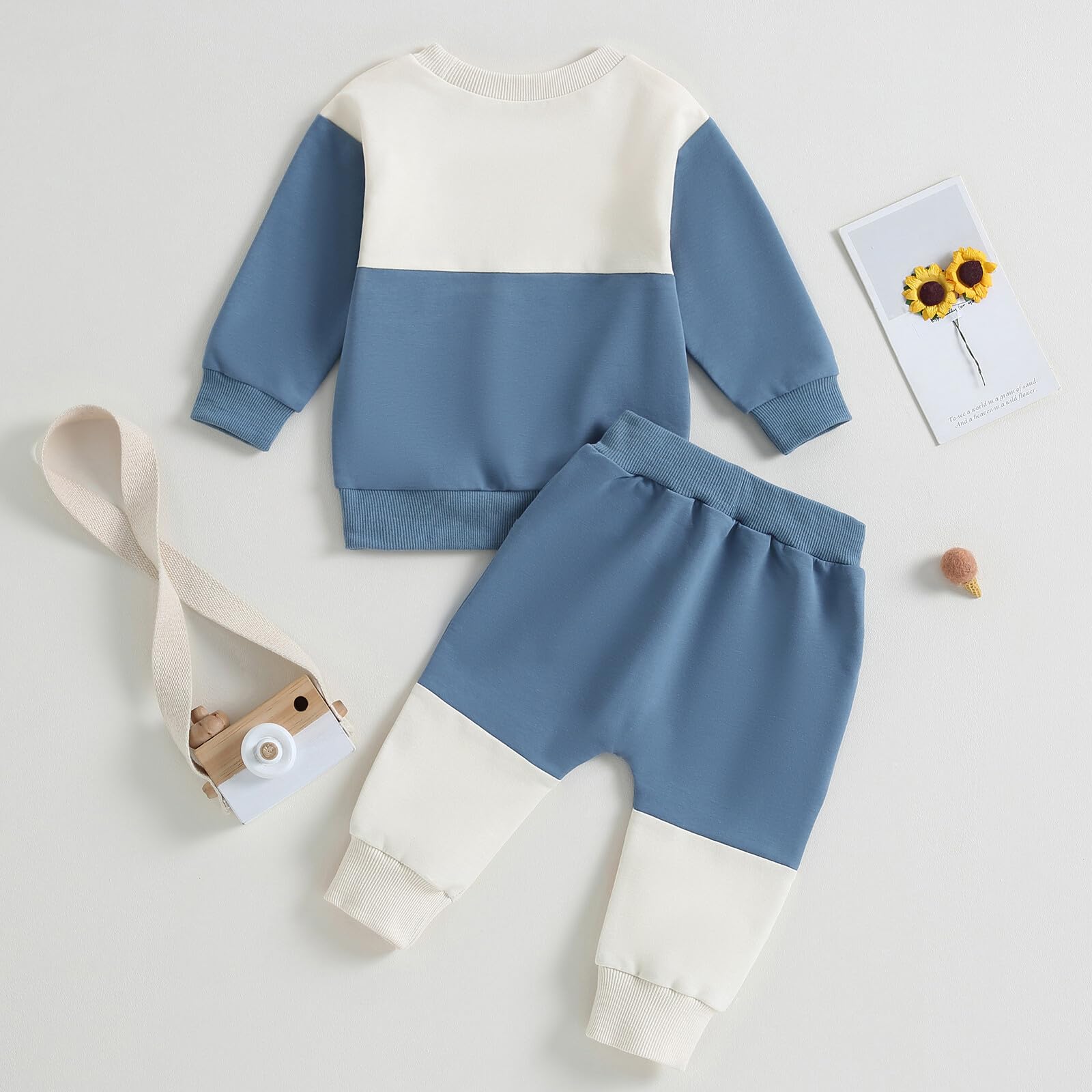 Kupretty Baby Boy Outfit Color Block Sweatshirt Pants Set Blue White 3-4Y
