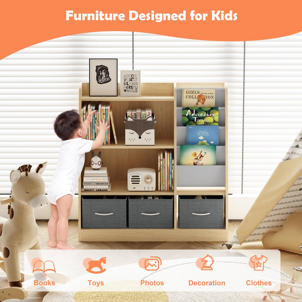 HedoAjim Kids Bookshelf Wood Montessori Toy Storage Organizer Cabinet Shelf Child Bookcase Toddler Baby Sling Book Rack 3 Cube Bin Fabric Drawers for Playroom Bedroom Nursery School