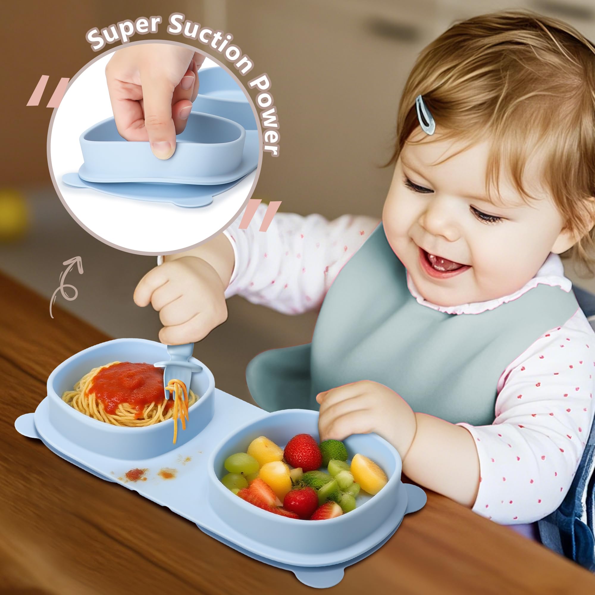 yahaa Foldable Baby Plates with Suction with Forks and Spoons, Baby Blue