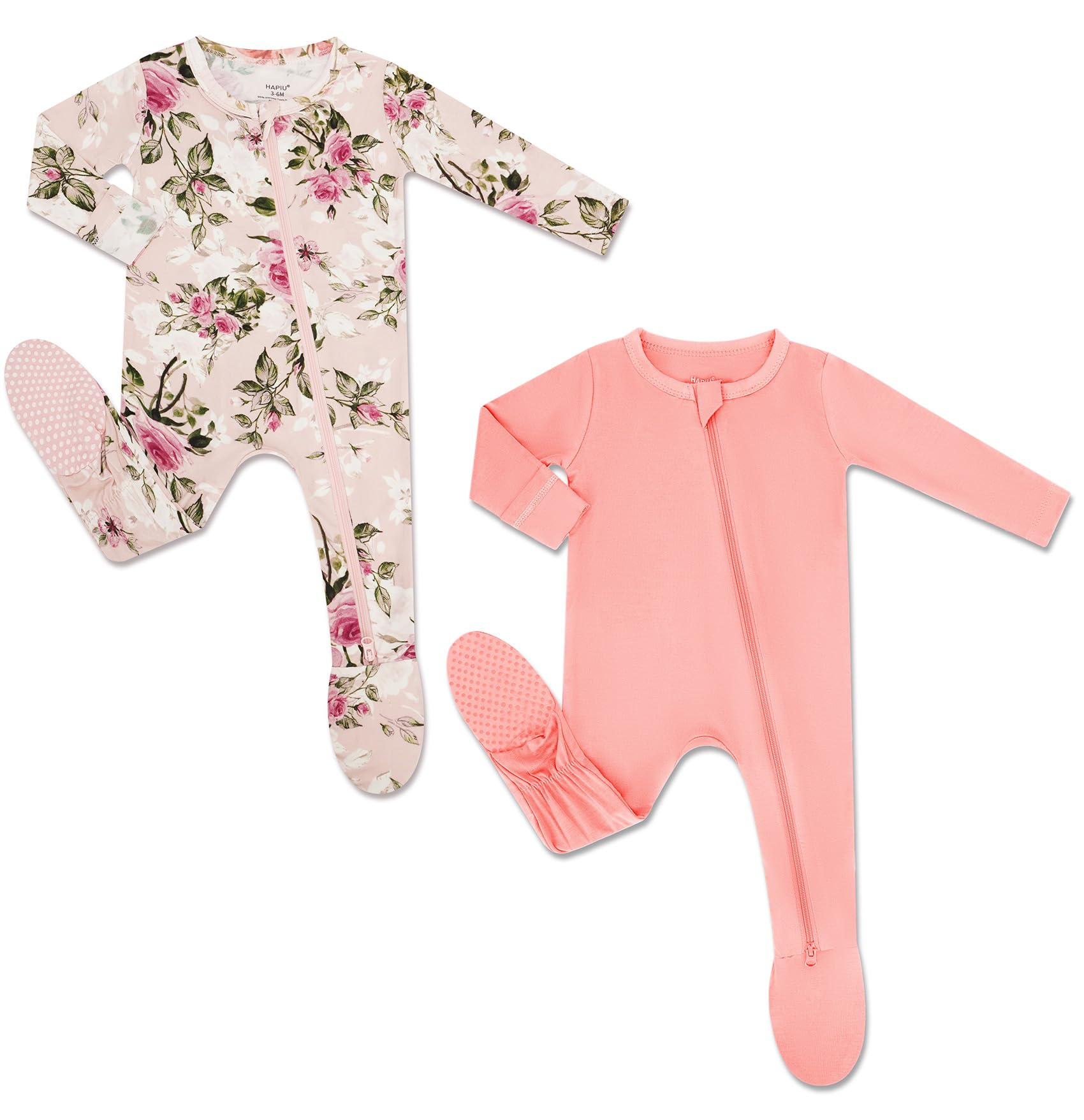 HAPIU Rayon from Bamboo Baby Footed Pajamas, 2 Way Premium Zipper, Footie for Baby Boy Girls, Newborn-24 Months, 2-Pack, Strawberry Ice&Grasse Rose, Newborn