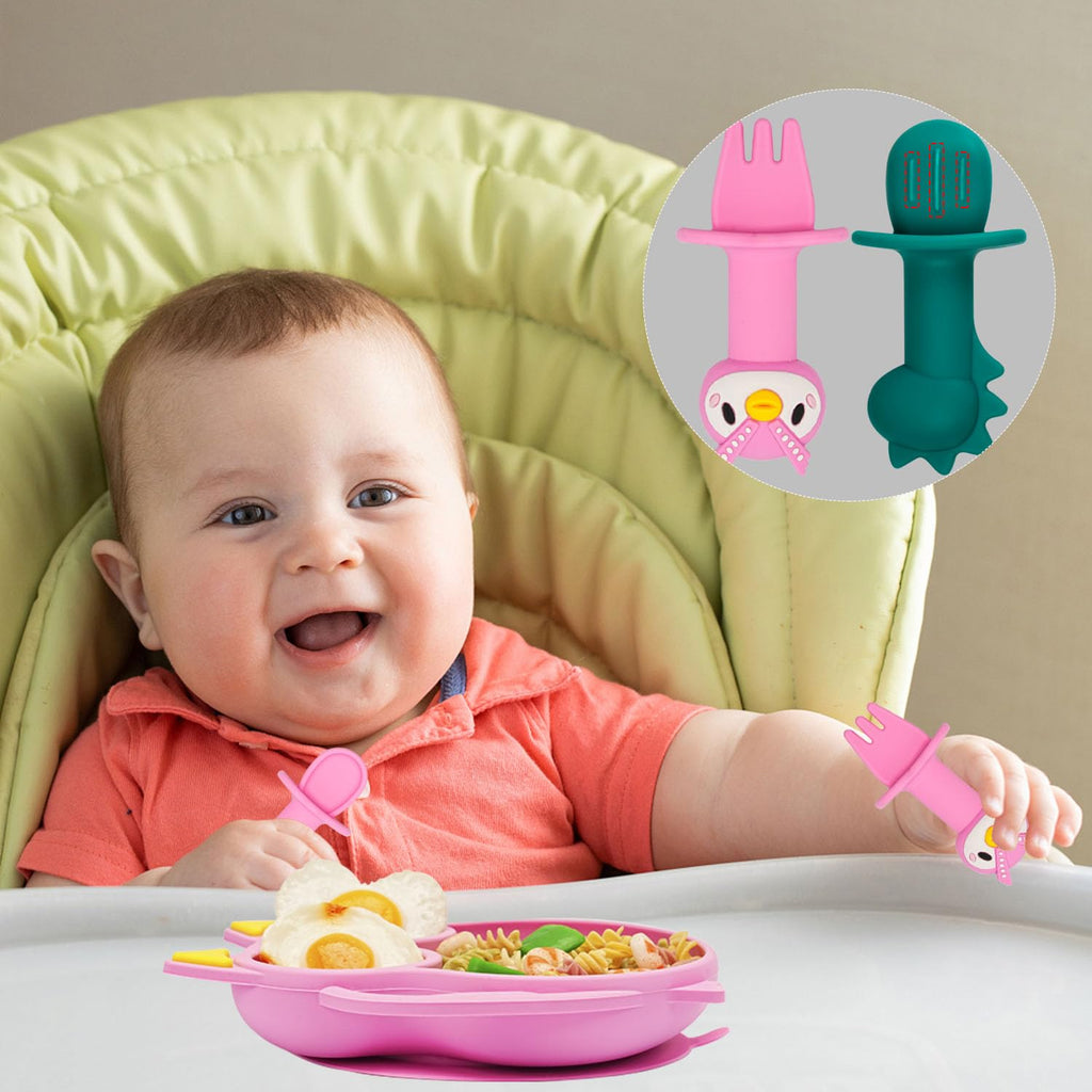 NICINGU Baby Toddler Silicone Suction Plate with Spoon&Fork And Adjustable Bib Set,Silicone Baby Feeding Utensils Set，Baby Toddler Led Weaning Supplies Set-Pink Owl Set