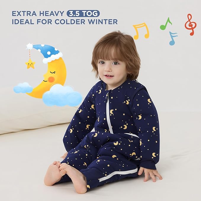 Duomiaomiao 3.5 TOG Toddler Sleep Sack 3-4T 100% Cotton Winter Side Open Zipper Baby Sleep Sack with Feet, Warm Toddler Wearable Blanket