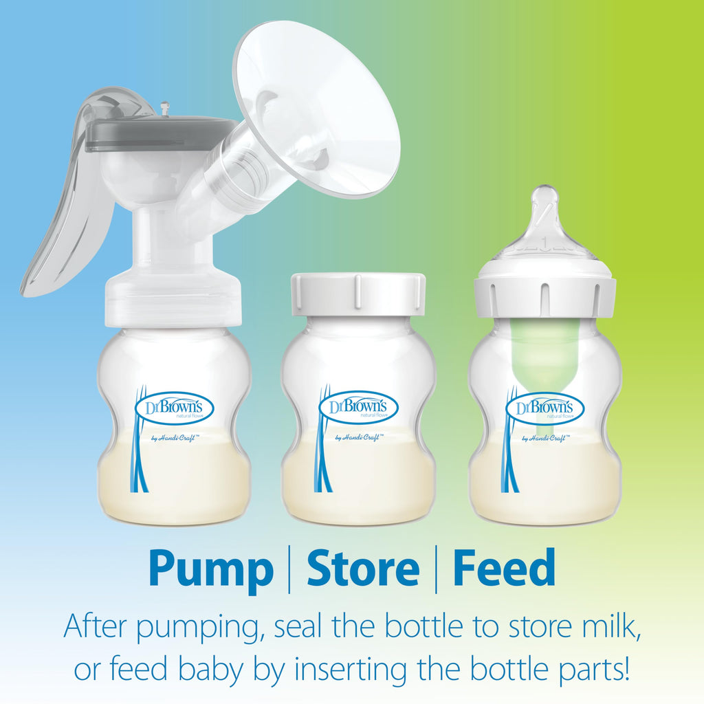 Dr. Brown’s Manual Breast Pump with SoftShape 100% Silicone Shield (B, 25mm flange) & Anti-Colic Options+ Wide-Neck Baby Bottle 5 oz/150 mL, with Level 1 Slow Flow Nipple