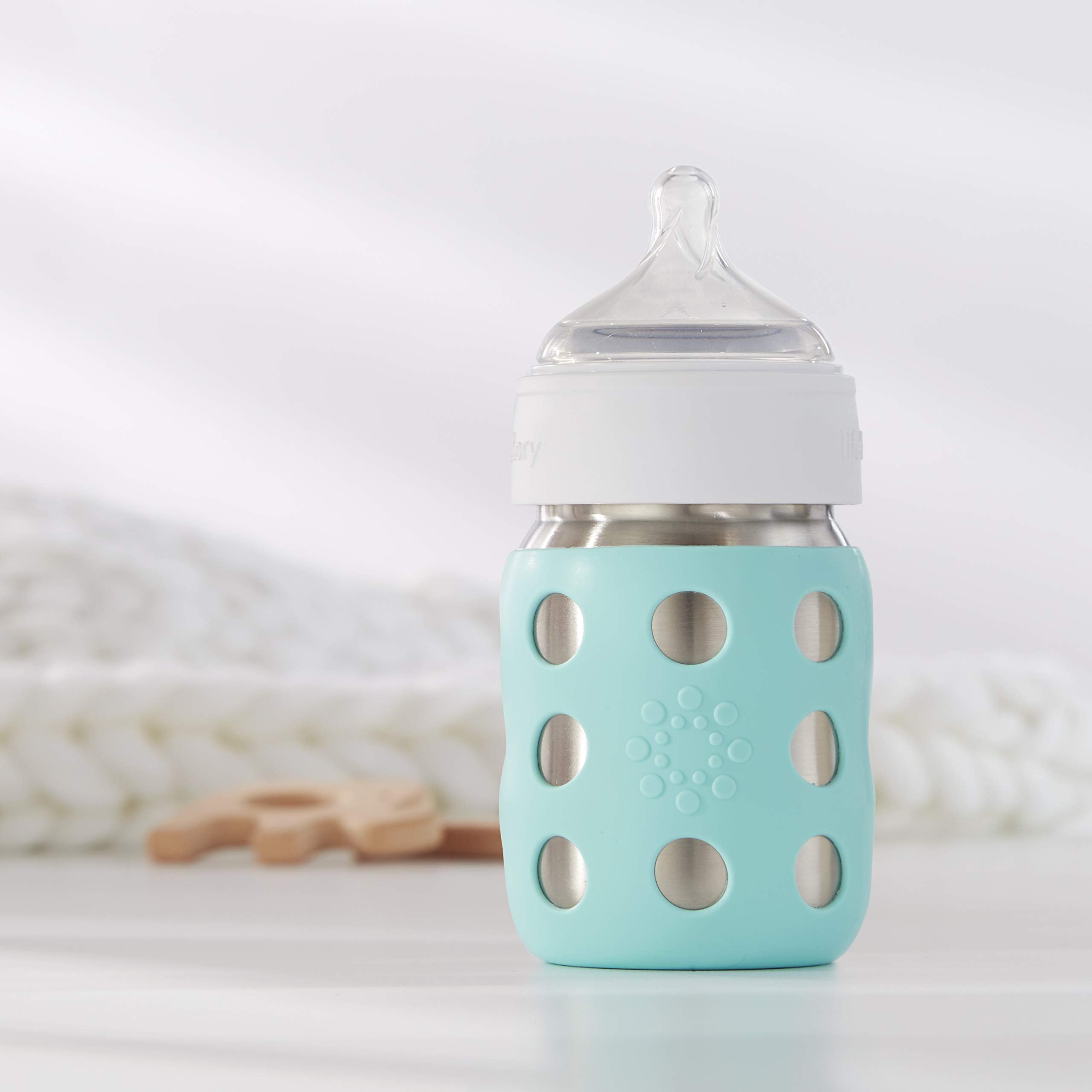 Lifefactory 8 oz Stainless Steel Baby Bottle, Stage 2 Nipple, Mint