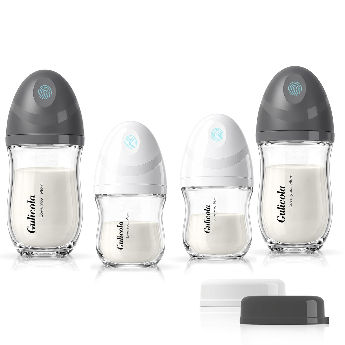 Gulicola Natural Glass Baby Bottles Set 4 Pack, Newborn Boy Breastfeeding Bottles with Slow Flow Nipples, 0 Months+, 3 oz & 5 oz - Black/White