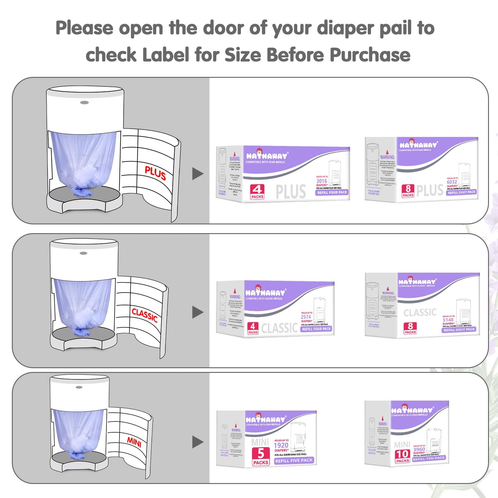 Diaper Pail Refill Bags Compatible With Dekor Plus Diaper Pail, Extra 30% Length, Lavender Scent, 5 Pack