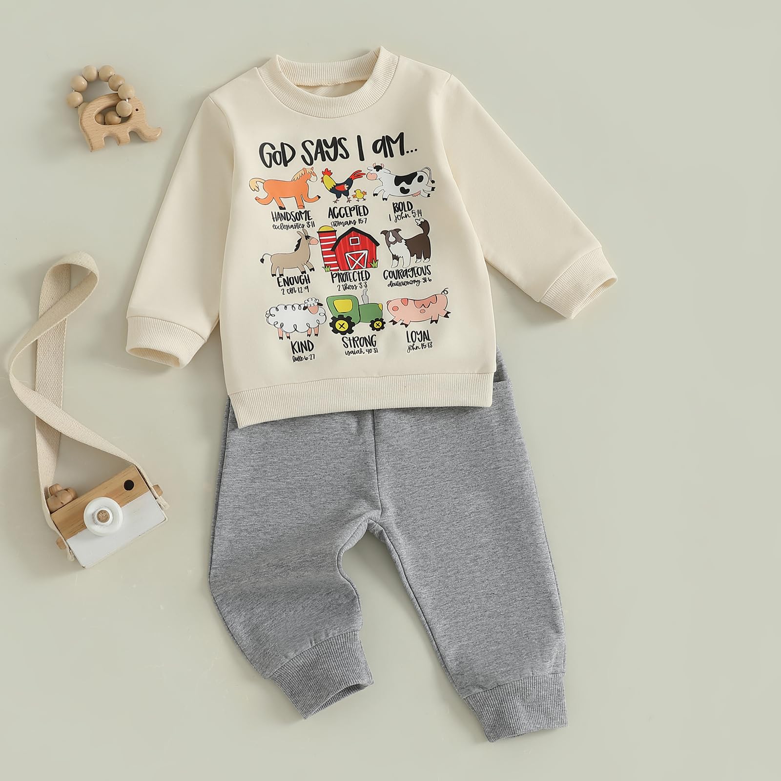 Nyapruwe Toddler Baby Boys Fall Winter Outfits Funny Print Top Pants Set (Beige G-animals, 2-3T)