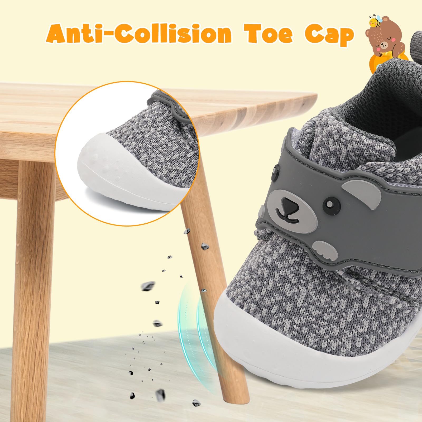 FEETCITY Wide Infant Sneakers - Baby First Walking & Slip On Shoes, Lightweight Barefoot Shoes, Grey, 18-24 Months