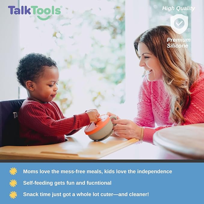 TalkTools Itsy Bowl with Locking Lid - Platinum grade silicone with Volume Lines, Curved Walls for Easy Scooping - for Babies, Toddlers, Children, and Elderly - Snack Cup Lid Accessory (Ocean)